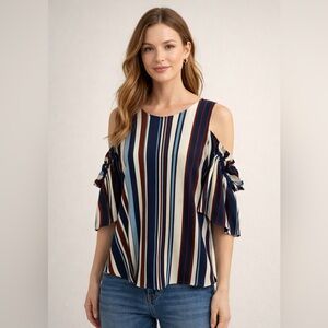 Sugarlips Navy, Cream & Brown Striped Cold-Shoulder Blouse